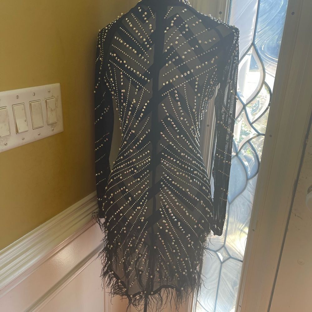 Unbranded Luxury Rhinestones & Pearls Feather Mini Dress Feather Accents Size S View 6